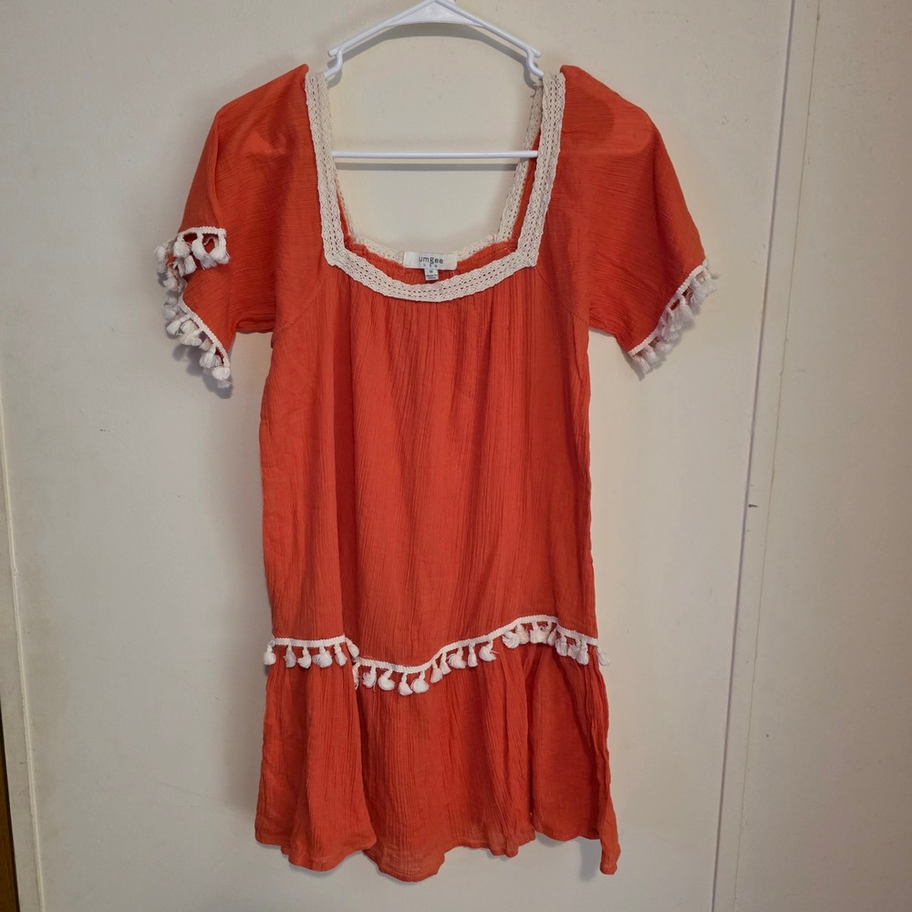 Umgee Women Tunic Top Size Medium Orange Crochet Lace Tassel Boho Hippie